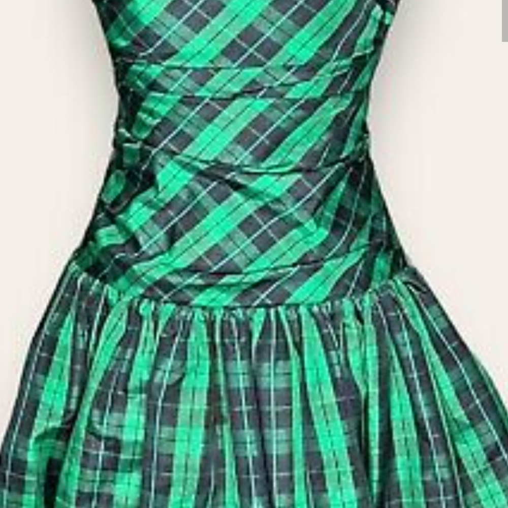 LUELLA BARTLEY Sz L strapless taffeta plaid tartan 80's dress.
